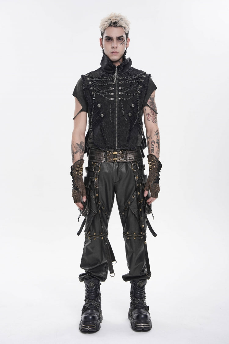 Black Stand Collar Sleeveless Zippered Chain-Decorated Men's Punk Cool Unedged Vest