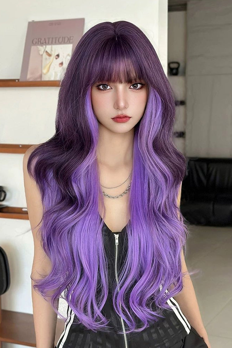 Y2K Black To Purple Ombre Face Framing Highlights Long Wavy Sweet Lolita Full Wig