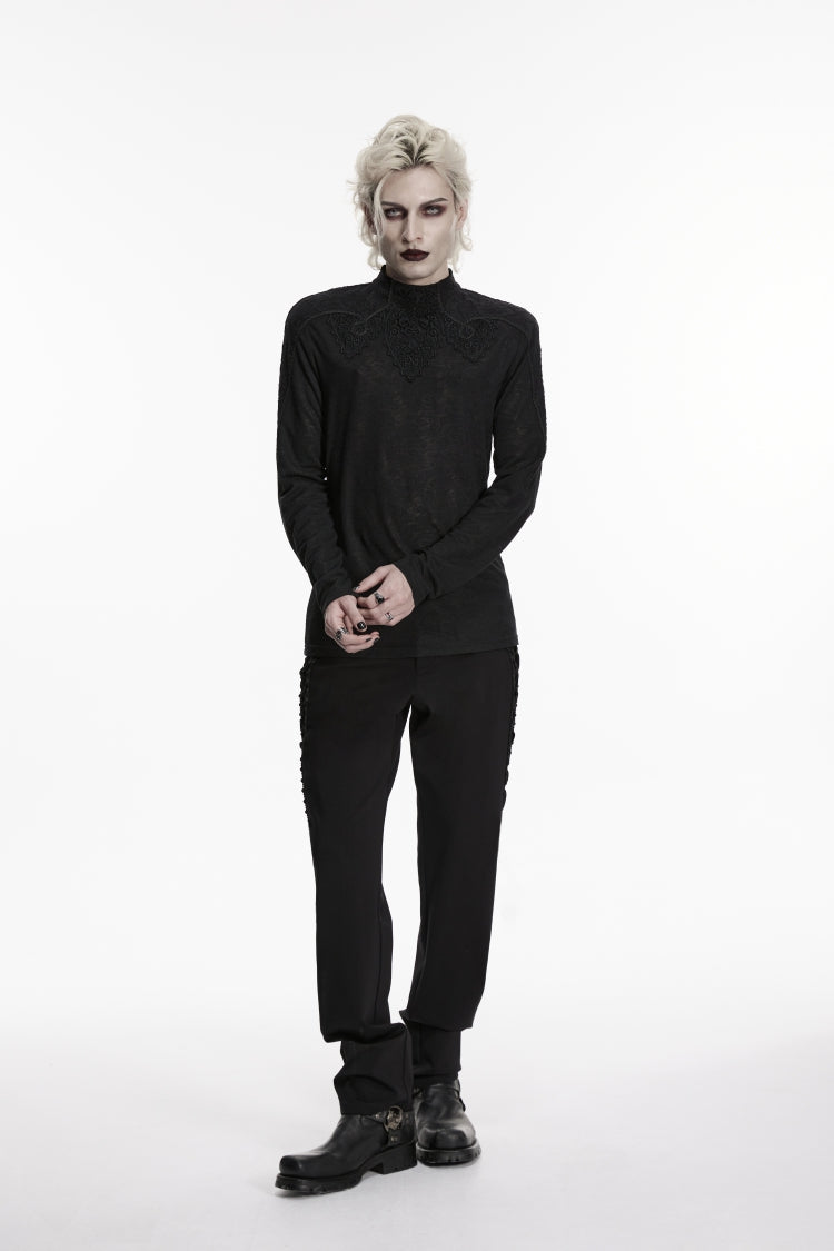 Black High Collar Long Sleeves Jacquard Spliced Slim Men's Gothic Top