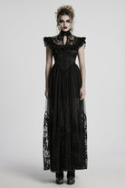Black Stand Collar Hollow Embroidery Flocking Mesh Women's Gothic Formal Dress