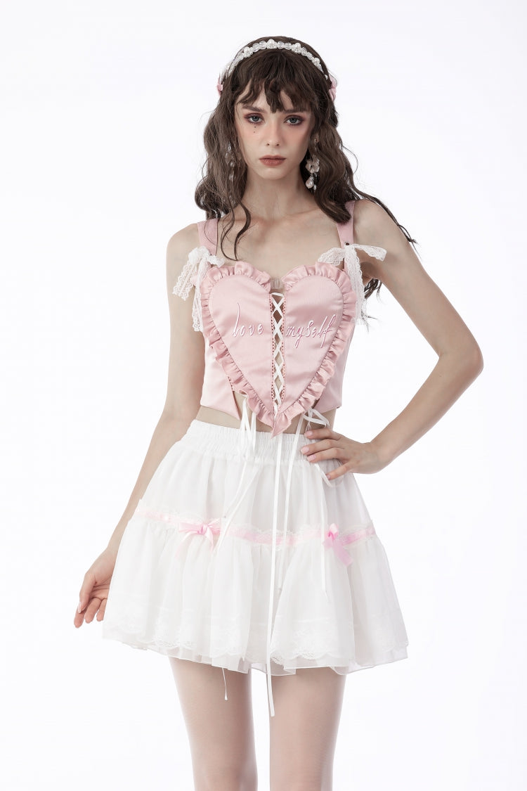 Pink Ruffled Love Heart Lace-Up Women's Lolita Princess Bustier