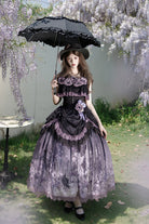 Black/Purple [Angel Garden] Sleeveless Print Ruffle Bowknot Lace Sweet Gothic Lolita Skirt Set