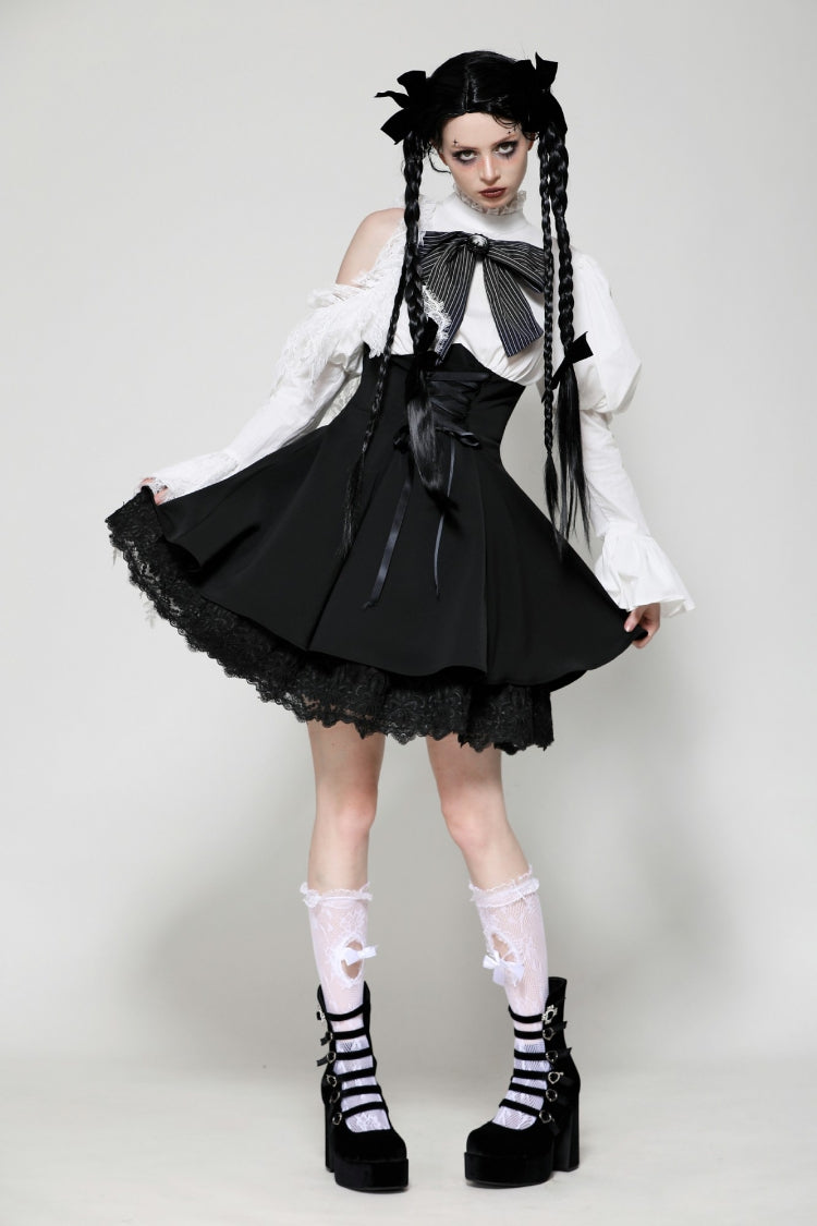 Black/White Lace High Collar Asymmetric Long Trumpet Puff Sleeves Bowknot Women's Lolita Gothic Short Dress