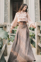 Pink/Brown Stand Collar Long Lantern Sleeves Ruffled Lace-Up Classic Vintage Lolita Skirt Set