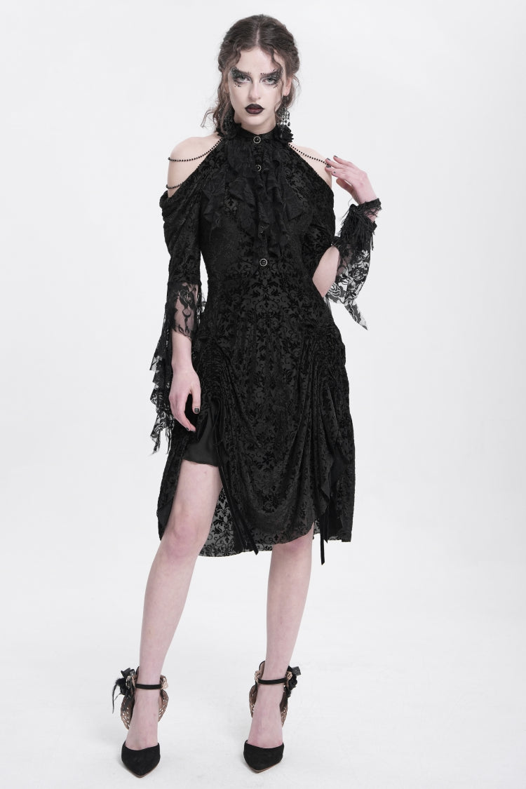 Black Off Shoulder Drawstring Jacquard Embroidery Women's Gothic Party Dress