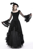 Black Multi-Layered Ruffled Lace Long Trumpet Sleeves Women's Gothic Princess Sexy Top