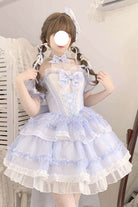 Blue Multi-layer Ruffle Hanayome Bowknot Lace Halter Neck Sweet Princess Lolita Dress