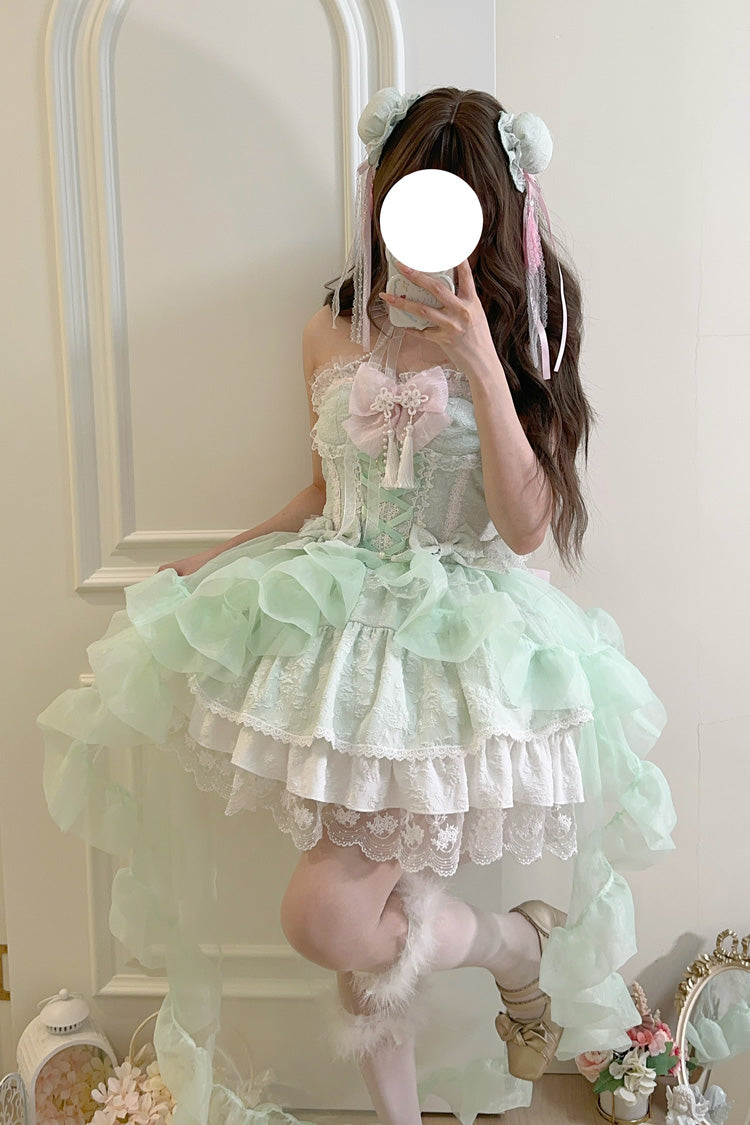 Green [Rain and Flowers] Halterneck Jacquard Ruffle Bowknot Lace Sweet Lolita Jsk Dress