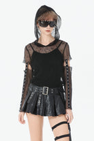 Black Low Waisted Eyelet Women's Punk Shorts with Asymmetric Pleated Belt