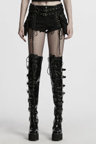 Black Lace-Up Women's Punk Denim Shorts with Detachable Pocket