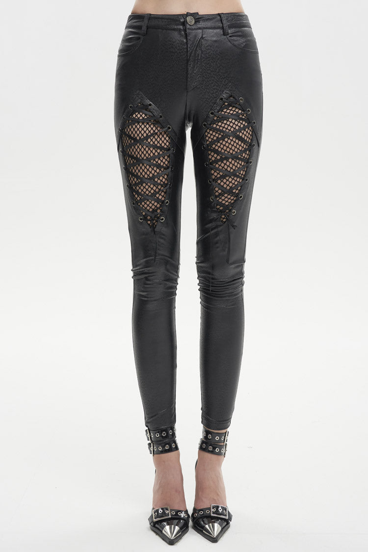 Black Stretch Diamond Wavy String Adjustable Slim Fit Women's Punk Trousers