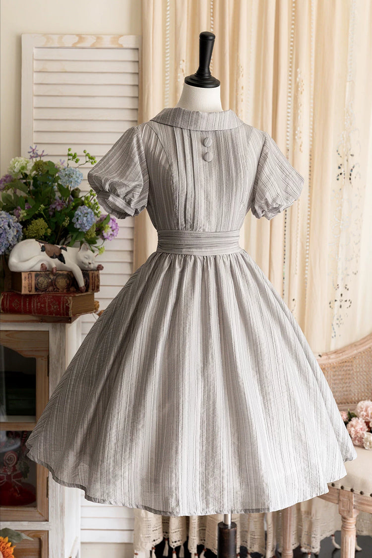 Grey [Forest Gallery] High Collar Short Lantern Sleeves Pastoral Style Classic Vintage Elegant Lolita Dress