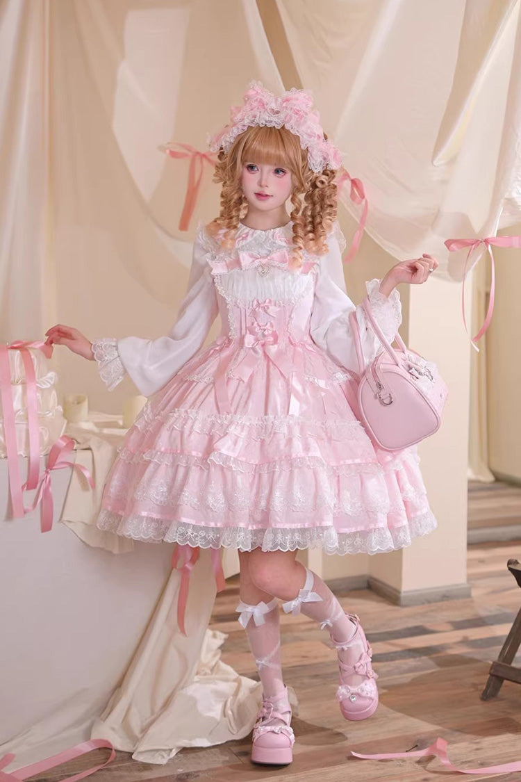 [Pink Mist Sweet Dream] Sleeveless Double-Layered Ruffled Bow Sweet Lolita Jsk Dress