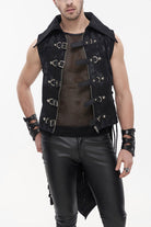 Black Punk Irregular Print D-Shaped Buckle Decoration Waist Side Slits Tied Rope Tight Zipper Men's Dovetail Vest