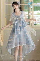 Blue [Clouds Resting in the Wilderness] Print Ruffle Embroidery Bowknot Lace Irregular Lolita Jsk Dress