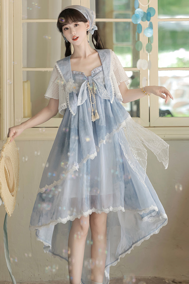 Blue [Clouds Resting in the Wilderness] Print Ruffle Embroidery Bowknot Lace Irregular Lolita Jsk Dress