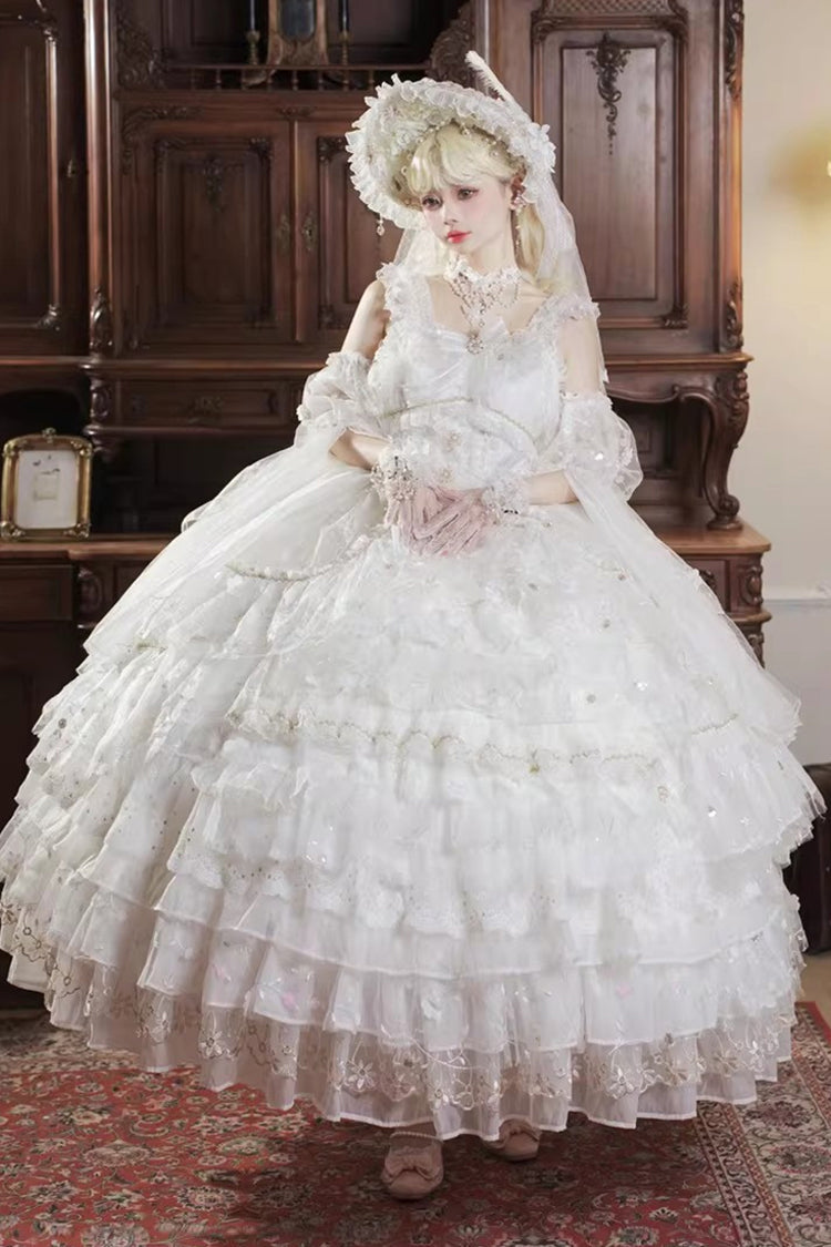 White [Dreamy Waltz] Sleeveless Multi-Layered Ruffled Hanayome Bow Lace Chiffon Gothic Gorgeous Lolita Jsk Dress