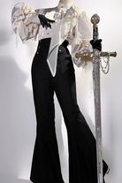 Black [The Rose and the Sword] Stand Collar Long Puff Sleeves Ruffled Embroidered Bow Classic Gothic Prince Ouji Lolita Pants Set