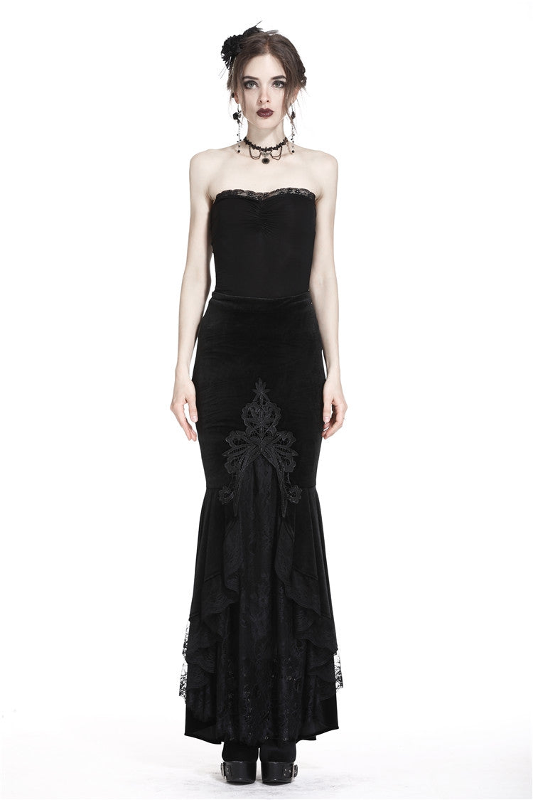 Black Velour Lace Spliced Women's Gothic Mermaid Maxi Skirt