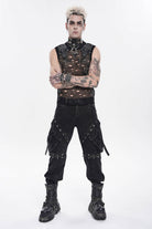 Black Spliced Detachable Studded Eyelet Men's Punk Cool Pants With Big Pockets