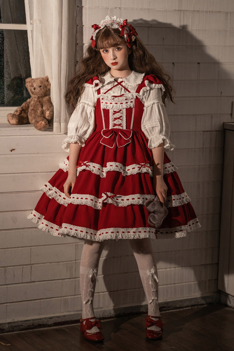 Red Antique Dolls Triple-Layered Bowknot Sweet Lolita Jsk Dress