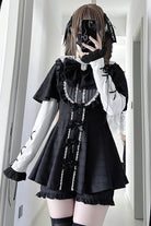[Black Veil Pact] Short Sleeves Printed Ruffled Bow Gothic Jirai Kei Japanese Dress Shorts Set 2 Colors