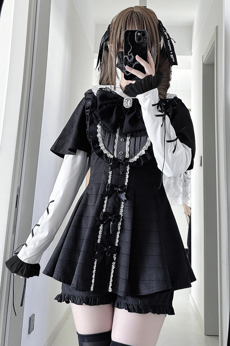 [Black Veil Pact] Short Sleeves Printed Ruffled Bow Gothic Jirai Kei Japanese Dress Shorts Set 2 Colors