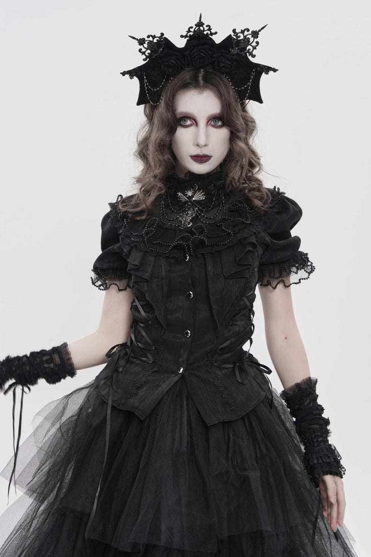Black Stand Collar Short Sleeves Embroidered Lace Lace-Up Slim Pleated Women's Gothic Palace Blouse