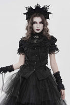 Black Stand Collar Short Sleeves Embroidered Lace Lace-Up Slim Pleated Women's Gothic Palace Blouse