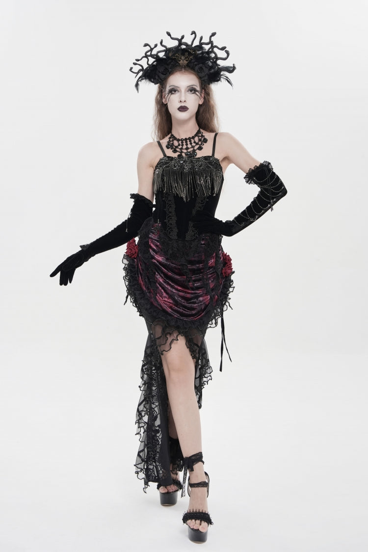 Black/Red Embroidered Rose Lace-up Irregular Women's Gothic Hem Skirt