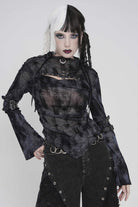 Black Stand Collar Long Sleeves Printed Spliced Lace-Up Asymmetric Buckled Women's Punk Blouse