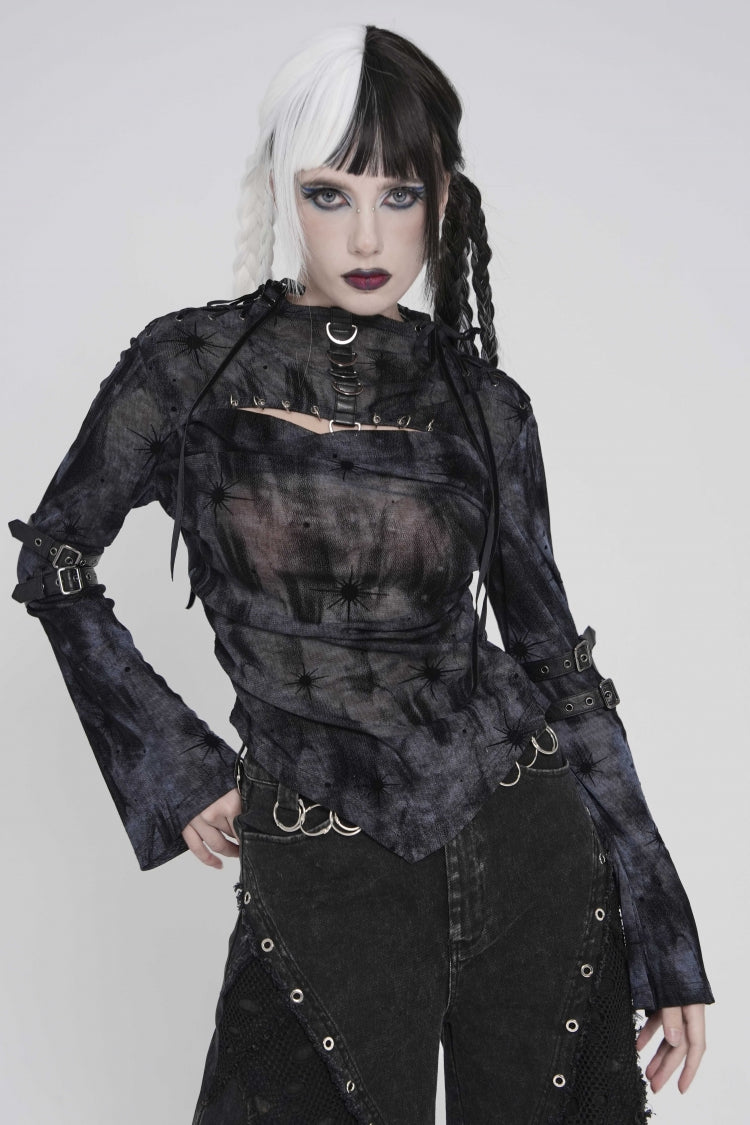 Black Stand Collar Long Sleeves Printed Spliced Lace-Up Asymmetric Buckled Women's Punk Blouse