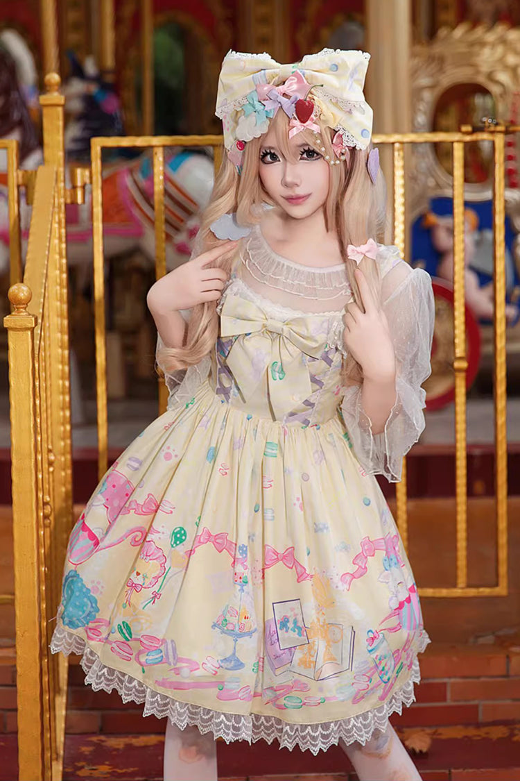 [Macaron Dolly House] Sleeveless Print Bowknot Lace-Up Sweet Lolita Jsk Dress 3 Colors