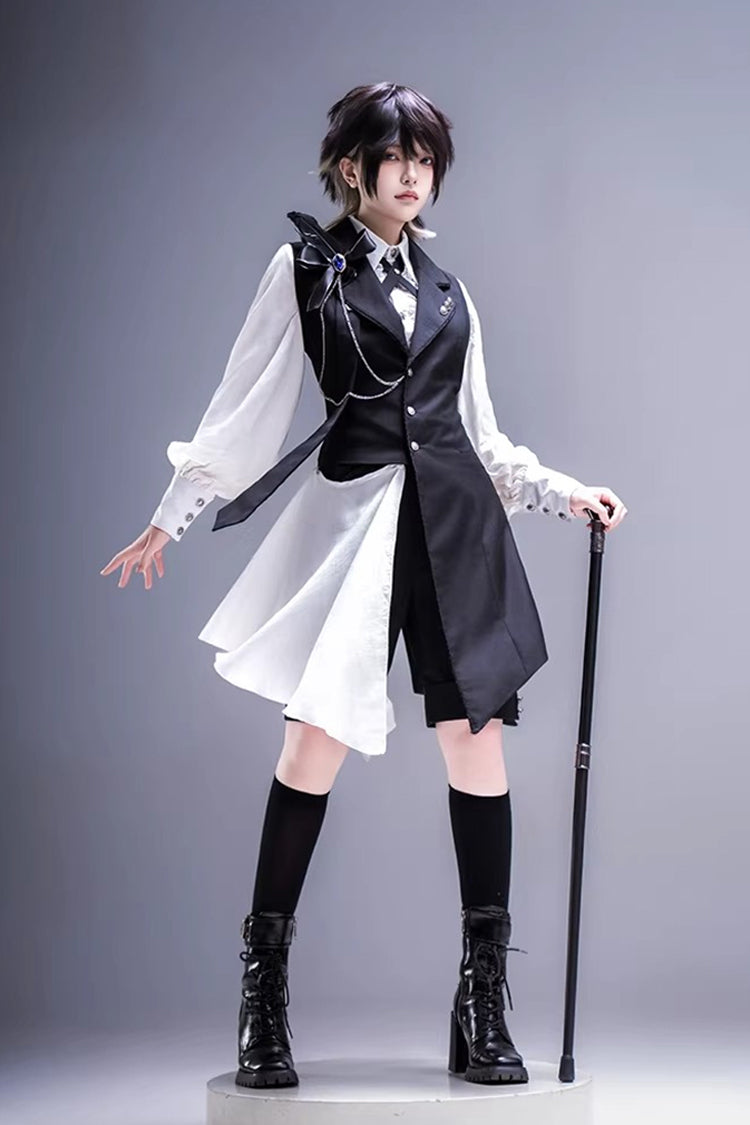 Black/White [Black Tea Concerto] Bow Asymmetric Ouji Fashion Gothic Prince Lolita Vest Top Shorts Set