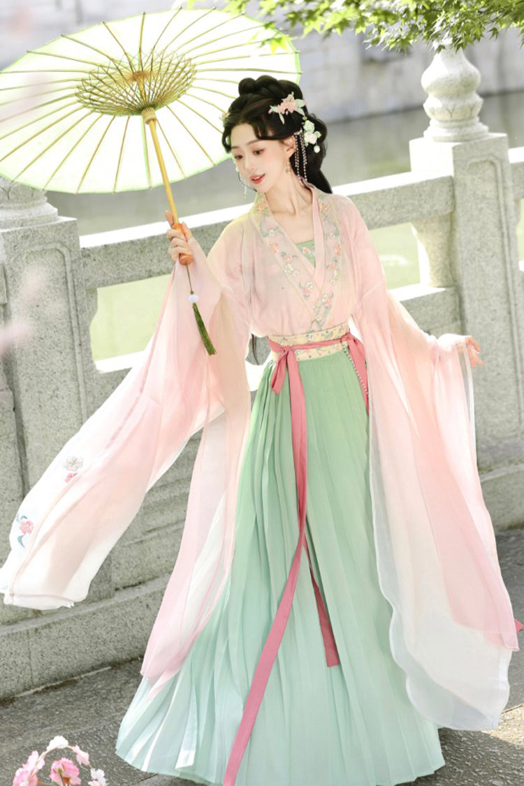 Pink/Green [Spring Apricots] High Waisted Embroidered Women's Sweet Hanfu Dress Set