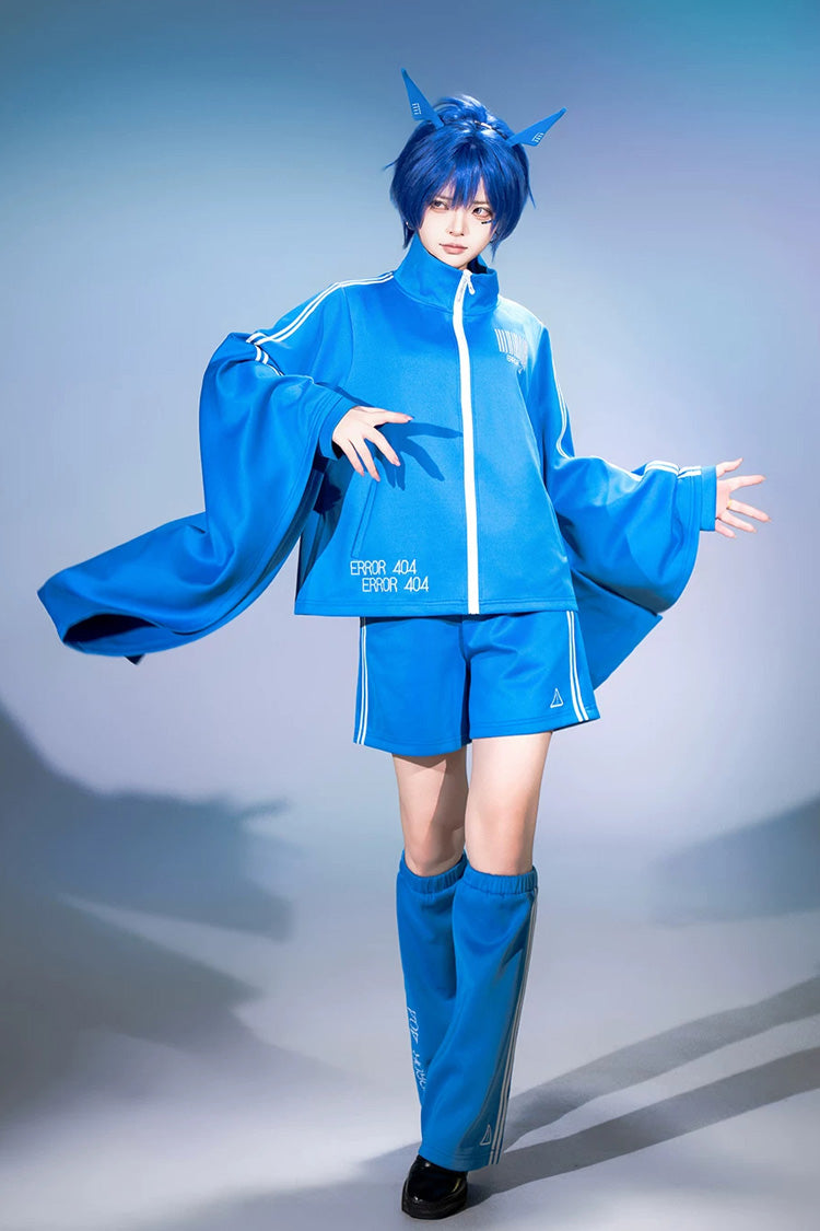 Blue [Network Error] Stand Collar Long Trumpet Sleeves Ouji Gothic Functional Style Japanese Prince Lolita Coat Shorts Set