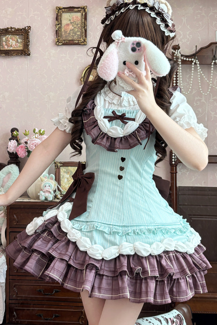 Green/Brown [Creamy Thin Chocolate] Sleeveless Multi-Layered Printed Ruffled Bow Asymmetric Sweet Lolita Jsk Dress