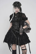 Black Double-Layered Lace Lace-Up Irregular Mesh Eyelet Women's Punk Skirt