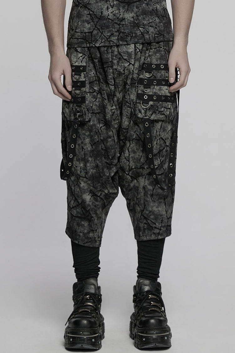 Black/Grey Tie-dyed Sagging Men's Punk Pants with Staps