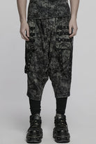 Black/Grey Tie-dyed Sagging Men's Punk Pants with Staps