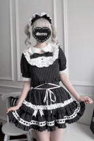 Black [Starry Tulle] Doll Collar Short Sleeves Double-Layered Striped Printed Ruffled Bow Gothic Jirai Kei Japanese Skirt Set