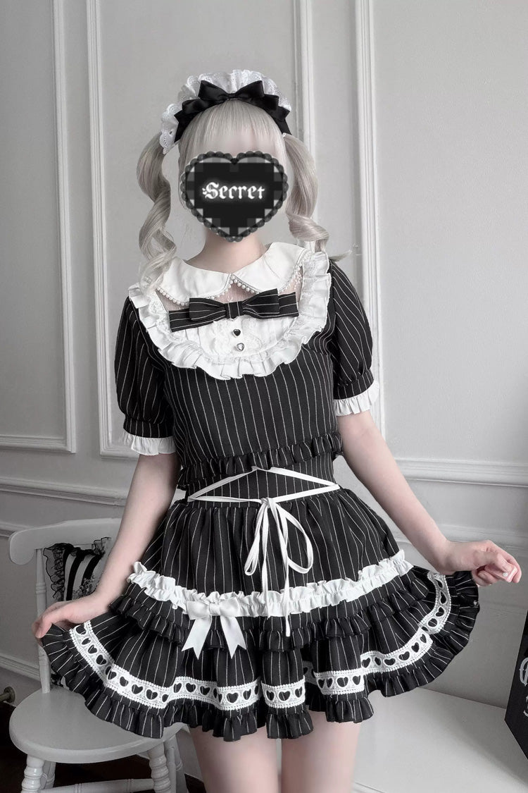 Black [Starry Tulle] Doll Collar Short Sleeves Double-Layered Striped Printed Ruffled Bow Gothic Jirai Kei Japanese Skirt Set