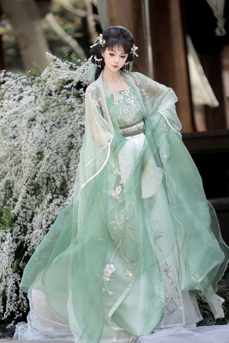 Green [Qingdie] Song Dynasty Ruffle Embroidery Sweet Chinese Style Hanfu Dress Full Set