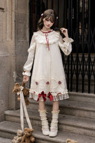 Ivory [Strawberry Cream Cake] Stand Collar Long Sleeves Ruffled Bow Lace Sweet Lolita Dress
