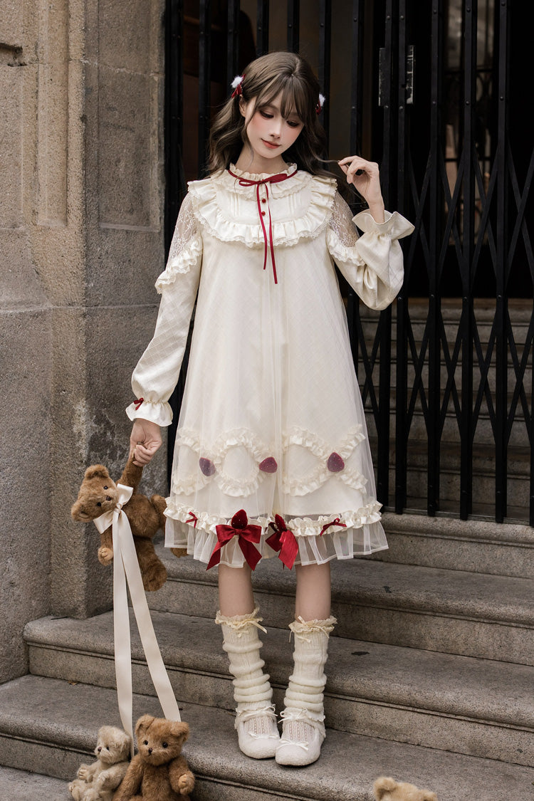 Ivory [Strawberry Cream Cake] Stand Collar Long Sleeves Ruffled Bow Lace Sweet Lolita Dress