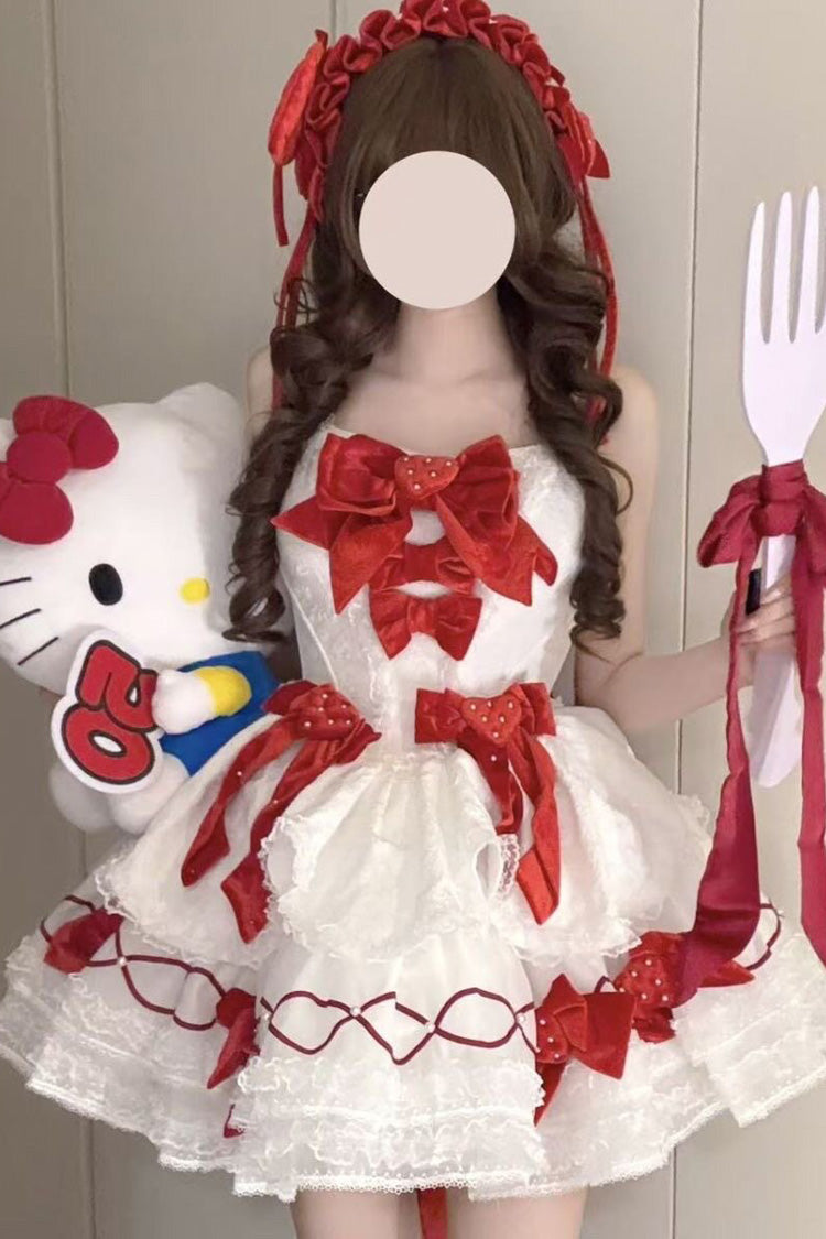 White/Red [Jasmine Rain] Strawberry Square Collar Sleeveless Triple-Layered Jacquard Bow Sweet Lolita Jsk Dress