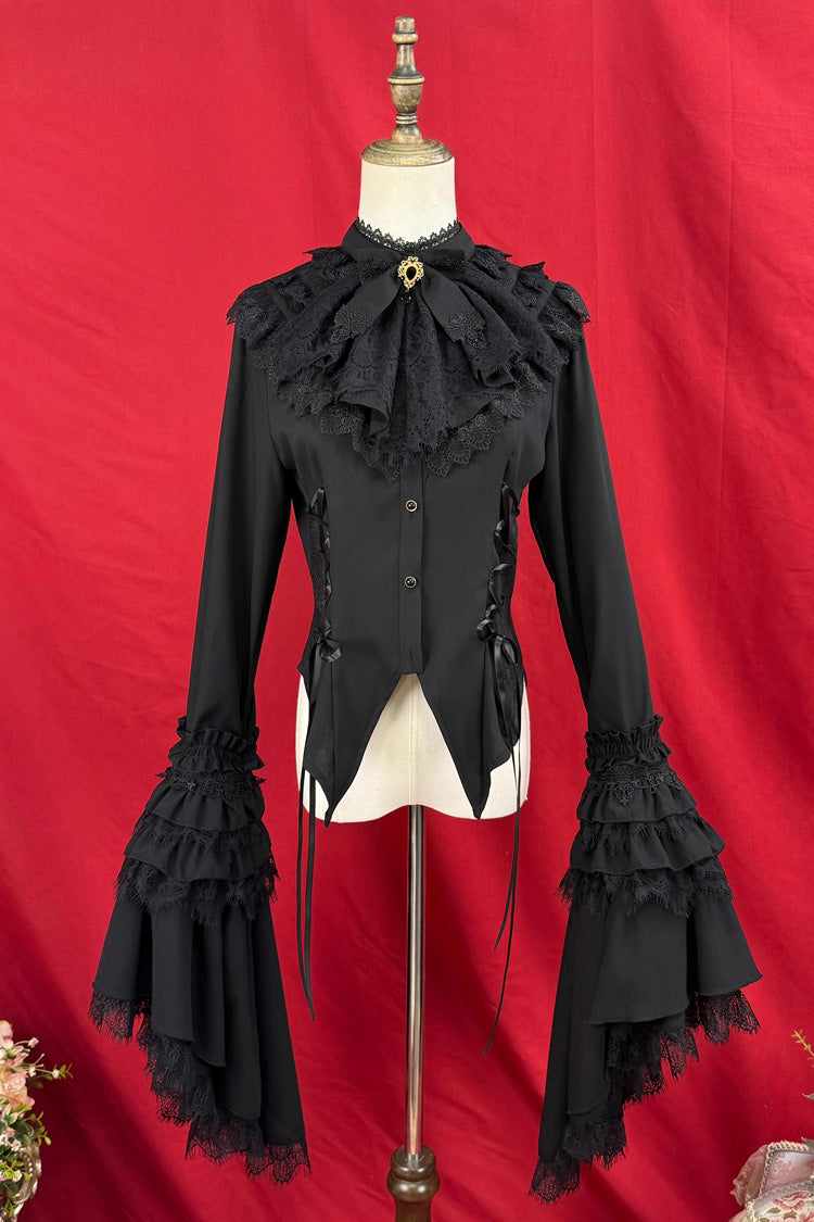 [Broken-Wing Bat] Stand Collar Long Trumpet Sleeves Ruffled Bow Lace-Up Gothic Elegant Lolita Blouse 2 Colors