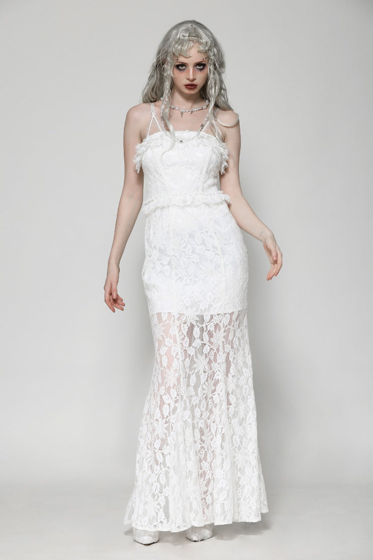 White Sleeveless Pleated Lace Women's Gothic Slip Dress Wedding Dress