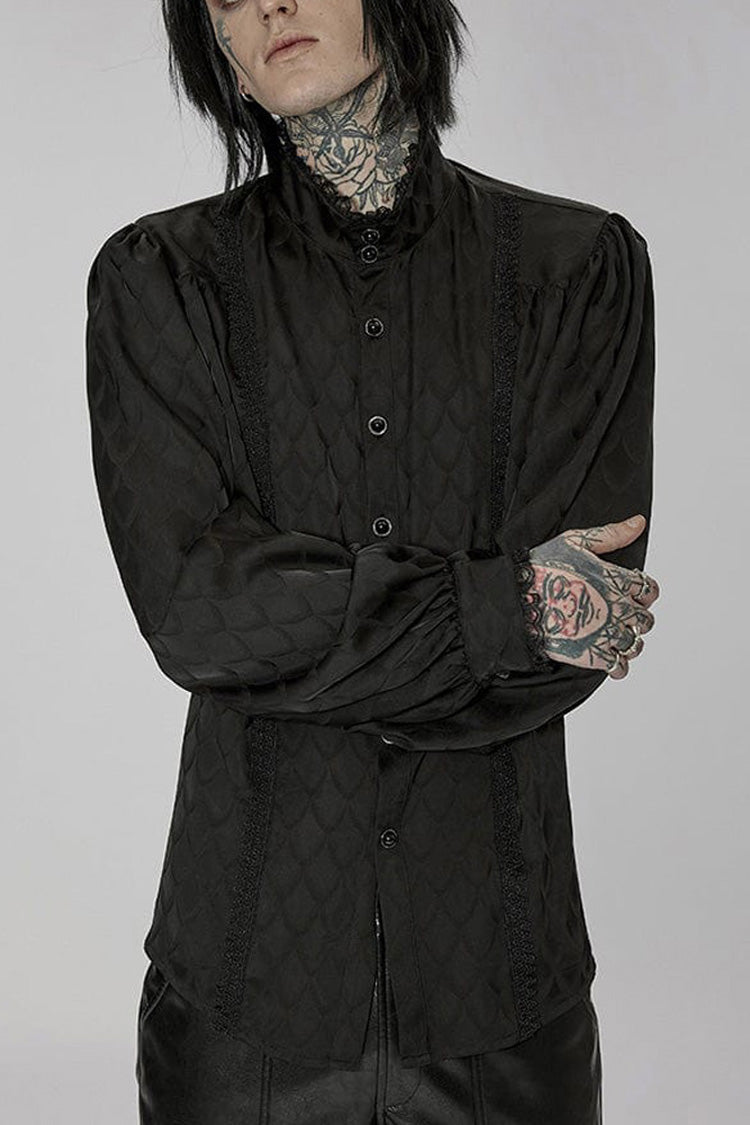 Black Punk Turtleneck Dragon Scale Jacquard Long Lantern Sleeves Lace Edge Men's Shirt