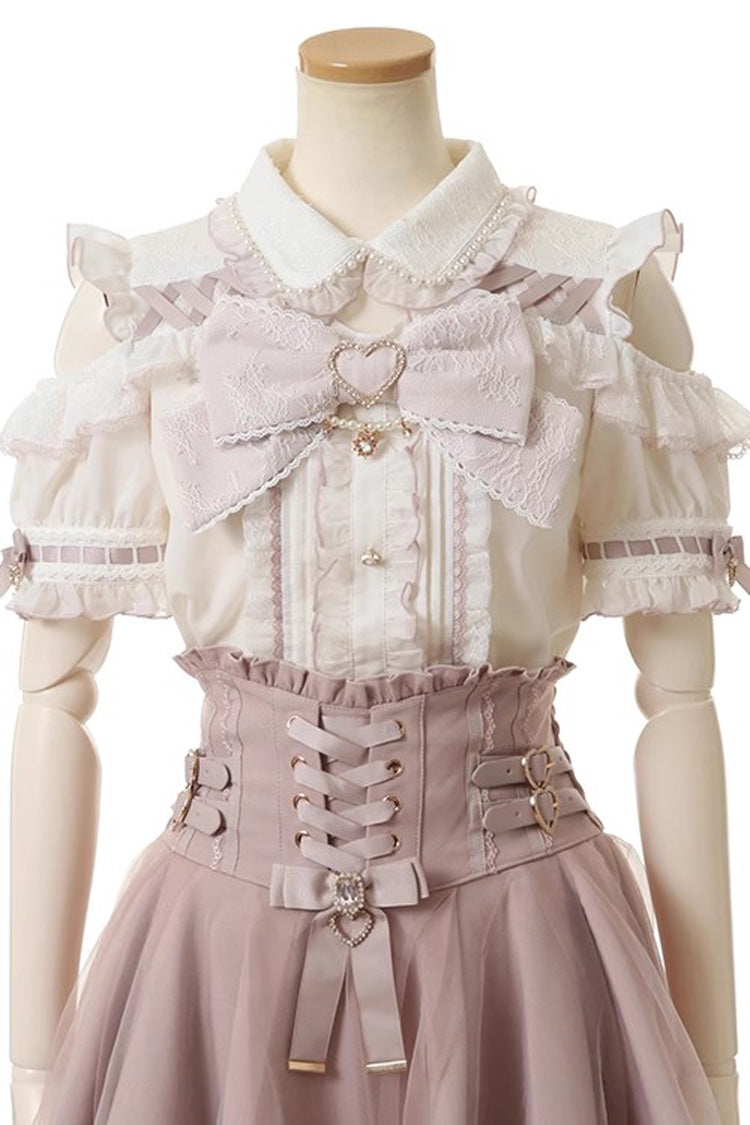 Sweet Lapel Collar Off Shoulder Short Sleeves Bowknot Pearl Jirai Kei Japanese Blouse 3 Colors